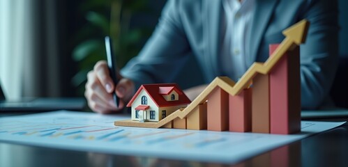 A business professional analyzes growth trends in real estate, symbolized by a house model and an upward graph, emphasizing investment opportunities.
