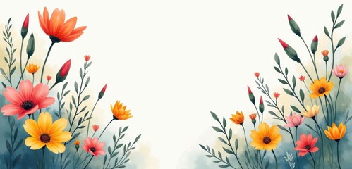 Obraz premium A vibrant and delicate floral illustration featuring various colorful flowers and greenery, perfect for spring-themed designs, invitations, or botanical projects.