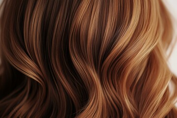 Naklejka premium An image showcasing a close-up view of brown wavy hair with natural highlights, emphasizing texture, color, and the beauty of natural hair in soft lighting.