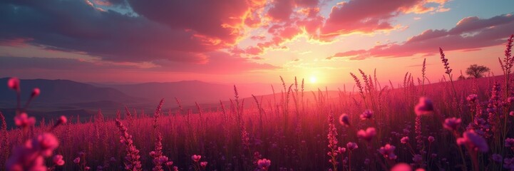 A breathtaking sunset over a vibrant field, painting the sky with hues of pink and orange. Perfect for nature, travel, and wellness themes.