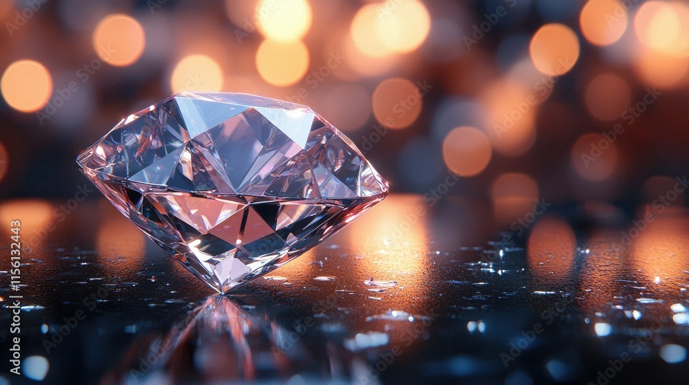 Aufkleber a sparkling diamond on a reflective surface with a blurred bokeh background.