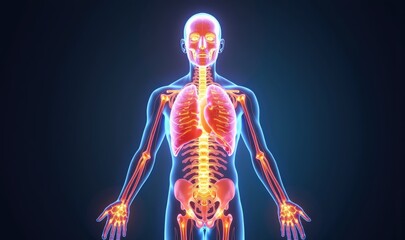 A detailed digital illustration of the human body, showcasing skeletal and muscular systems with vibrant colors, ideal for educational and medical contexts.