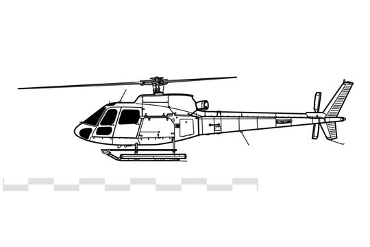 Airbus Helicopters H125. Eurocopter AS350 Ecureuil. Vector drawing of light utility helicopter. Side view. Image for illustration and infographics.
