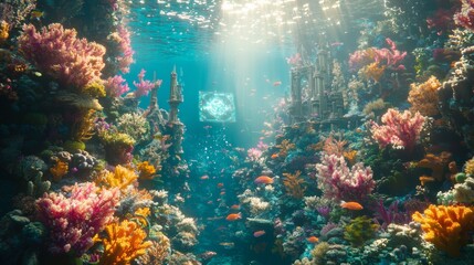 Naklejka premium Underwater world filled with vibrant coral reefs and colorful fish during sunlight in a tropical ocean