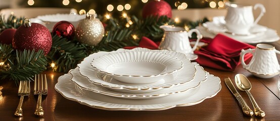 A merry Christmas table setup featuring decorative holiday balls, a fir branch, an empty plate, and a napkin. The image depicts a quiet dining moment devoid of people.