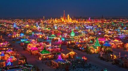 Colorful display of lights illuminates a vast desert landscape during an annual night festival in a remote location