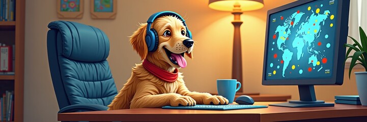 A cheerful dog wearing headphones sits at a desk, engaging with a computer, creating a fun and inviting atmosphere for tech and pet-related content.