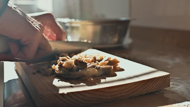 Person slicing ingredients for homemade Georgian khinkali on a wooden board