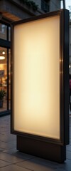 Illuminated empty display panel in a modern shopping area with reflections