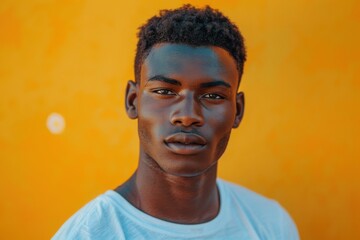 A young African man is depicted against an orange background, exuding confidence with an intense gaze. He is dressed casually, embodying a calm and focused demeanor.