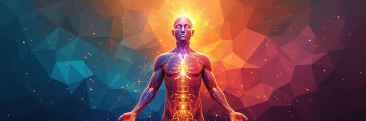 Fototapeta premium A vibrant depiction of a human figure radiating energy, symbolizing balance and enlightenment. Perfect for wellness, healthcare, and spiritual themes.