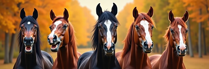 Obraz premium A stunning lineup of five horses in a vibrant autumn forest, showcasing their beauty and connection with nature. Perfect for equine, lifestyle, or nature-themed projects.