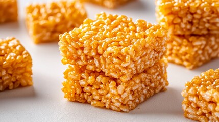 Isolated crispy rice treat with golden highlights, detailed texture, white backdrop, childhood memories and indulgence theme