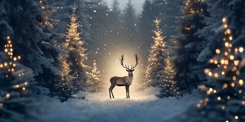 a majestic reindeer standing in a snow covered winter forest at sunset, with glowing lights on the trees, creating a magical and festive christmas scene