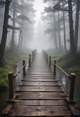 Firs sway in misty atmosphere with old wooden bridge ,  nature,  rustic