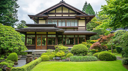 Fototapeta premium A beautifully restored Victorian mansion featuring large bay windows, intricate woodwork, and a manicured garden, exuding charm and elegance in every detail.
