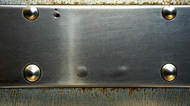 Surface features of a weathered metallic panel showcasing rust, screws, and wear from environmental exposure