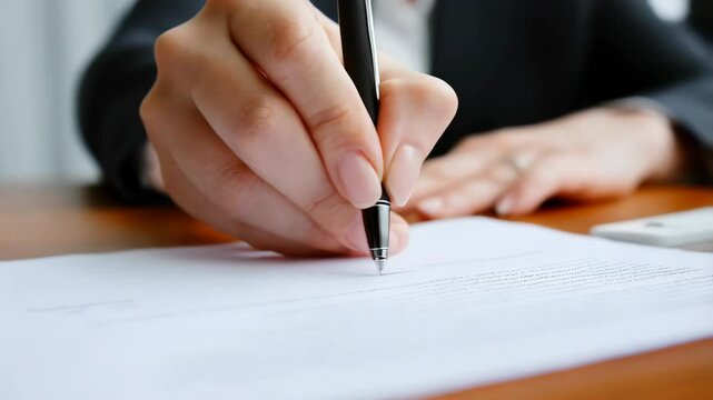 Hand signing document in office setting with focused pen movement