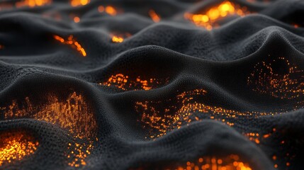Abstract fiery texture with glowing embers on dark wavy surface.