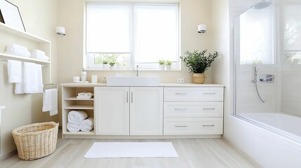 Bathroom cabinet storage. A bright, modern bathroom featuring a bathtub, white cabinetry, towels, and a decorative plant, creating a serene and clean environment.