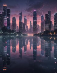 Futuristic cityscape at dusk with towering skyscrapers and neon lights reflected in a calm lake surface ,  water,  neon lights