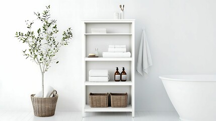 Bathroom cabinet storage. A minimalist bathroom scene featuring a white shelving unit with towels, bottles, and a plant, alongside a freestanding bathtub.