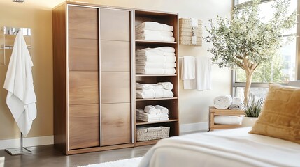 Bathroom cabinet storage. A modern, serene bedroom featuring a wooden cabinet filled with neatly folded towels, a cozy bed, and soft natural lighting.