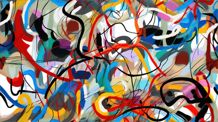 Fototapeta premium Vibrant chaotic abstract painting with colorful swirls and lines concept for artistic expression