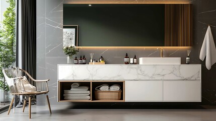 Bathroom cabinet storage. A modern bathroom featuring a sleek marble vanity, stylish mirror, wooden accents, and a cozy chair, creating a tranquil and elegant atmosphere.