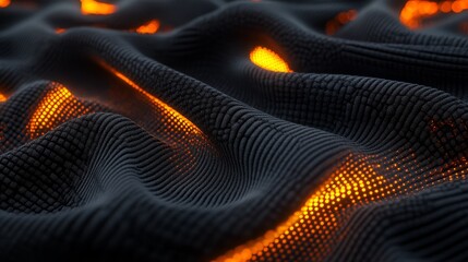 Abstract dark gray wavy surface with glowing orange dots.