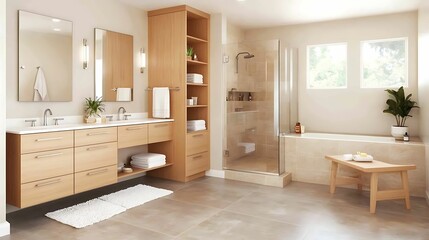 Bathroom cabinet storage. A modern, spacious bathroom featuring wooden cabinetry, a walk-in shower, a bathtub, and natural light from multiple windows.