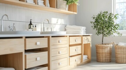 Bathroom cabinet storage. A bright, modern kitchen featuring wooden cabinetry, a clean countertop, and decorative plants for a fresh, inviting atmosphere.