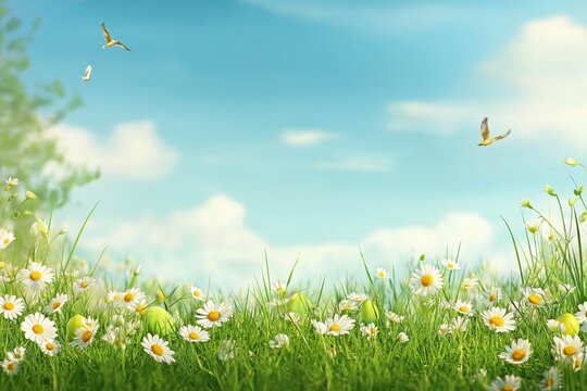 A serene spring landscape adorned with blooming daisies and butterflies under a blue sky embodies the joyful spirit of Easter, celebrating renewal and rebirth in this uplifting season