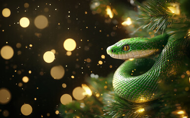 Fototapeta premium Green snake with bright scales resting on a Christmas tree branch surrounded by warm festive lights and golden bokeh in a dark