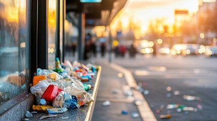 Litter Scattered Around Bus Stop in Morning Light