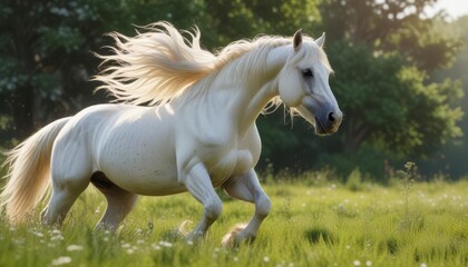 Majestic white stallion with flowing mane and tail in a lush meadow,  serene,  forest