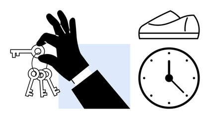 Hand holding keys, clock showing time, and pair of shoes. Ideal for security, time management, workplace readiness, responsibility, punctuality, daily routine, office settings. Line metaphor