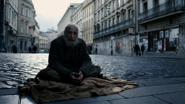 Street beggar's quiet moment on cobblestone city street
