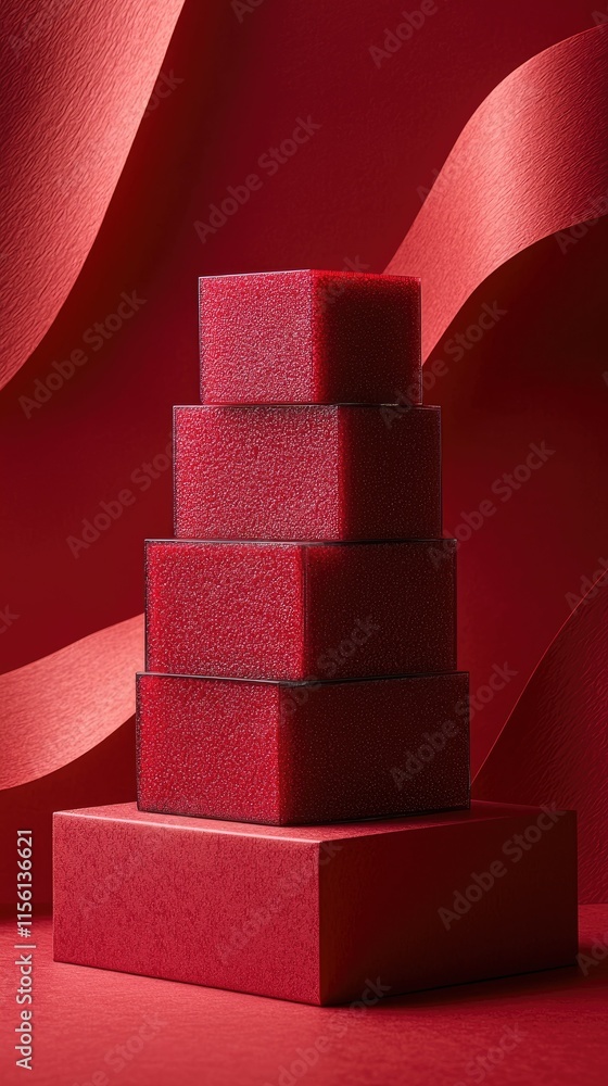 Poster a stack of red textured cubes against a red backdrop, creating a minimalist aesthetic.