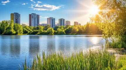 Obraz premium Urban Lakeside View Under Bright Midday Sun