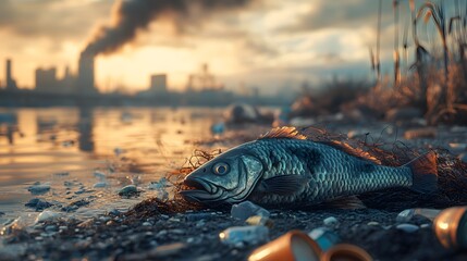 Fish lying on a polluted beach.