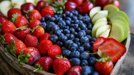 Obraz premium Vibrant summer fruit assortment with strawberries blueberries and apples for healthy eating