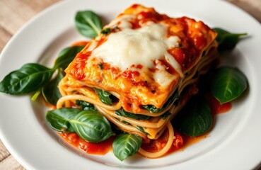 Warm lasagna dish with spinach, melted cheese. Italian comfort food. Appetizing, satisfying meal. Perfect for dinner lunch. Fresh basil garnish. Savory taste. Culinary art. Vegetarian option.