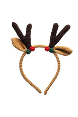 A crocheted reindeer headband with brown antlers, tan ears, and red and green decorative balls, isolated on a white back.