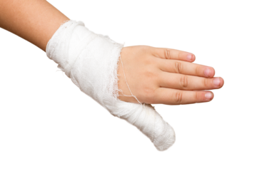 Little girls child hand with gauze bandage and broken thumb finger isolated on white background.
