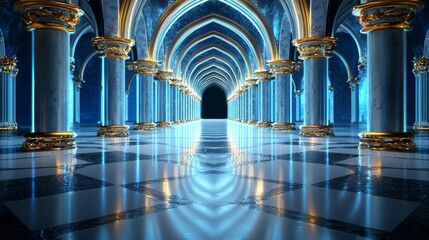 Opulent royal palace corridor, blue and gold theme, with detailed architecture, luxurious textures, and ambient lighting for a fantasy atmosphere