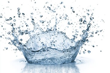 Close-up of a water splash crown with droplets and ripples on white background.