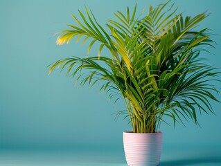 Obraz premium A close-up of a potted green palm tree leaf against a teal background. The vibrant colors create a serene and natural feel, highlighting the plant's lush foliage.