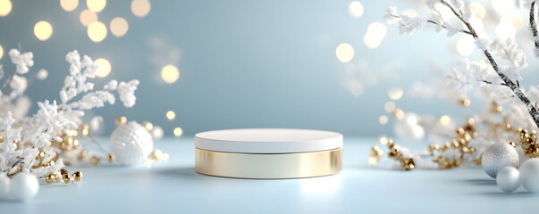 Festive round podium in Christmas and New Year theme. Winter background in blue and icy tones with subtle festive elements of snowflakes and bright lights. Horizontal format, copy space.