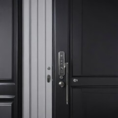 Obraz premium Agent standing next to a sleek black door with a shiny silver doorknob , architecture, office